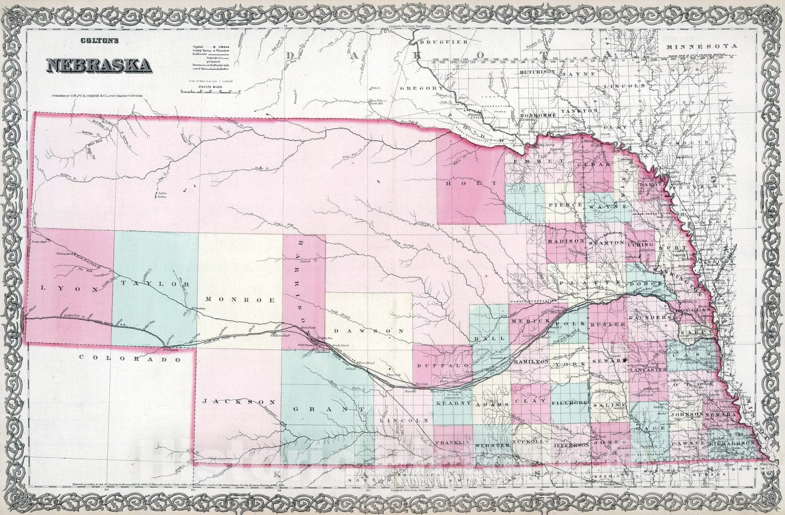 Historic Map : 1869 Nebraska. - Vintage Wall Art