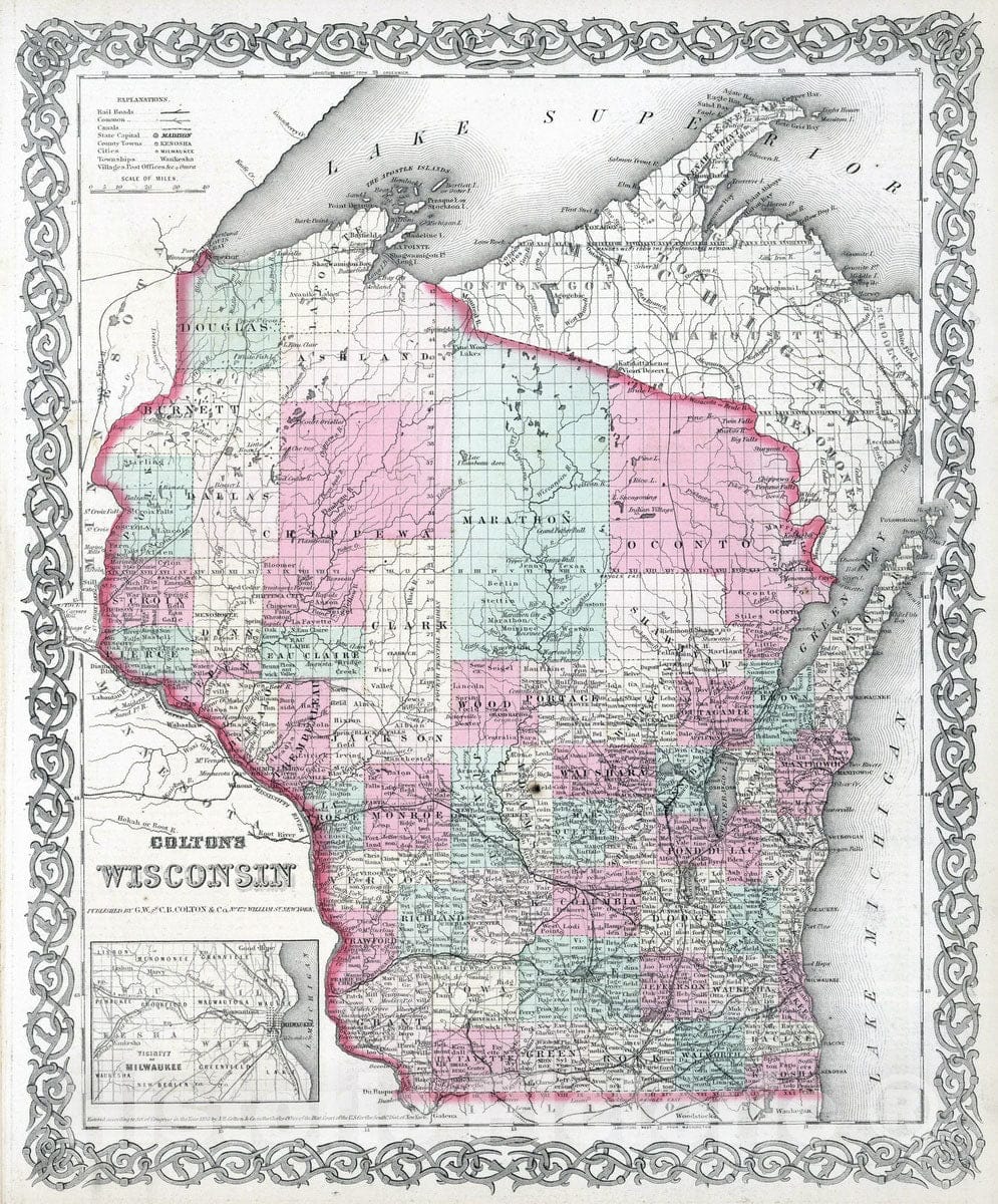 Historic Map : 1869 Wisconsin. - Vintage Wall Art