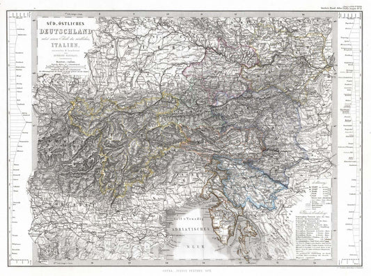 Historic Map : Austria; Germany; Italy; Slovenia, 1872 Sud-Ostliches Deutschland, Italien. (Southeast Germany, Italy, Slovenia, Austria). , Vintage Wall Art