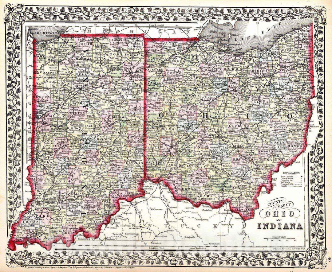 Historic Map : 1874 County Map of Ohio and Indiana : Vintage Wall Art
