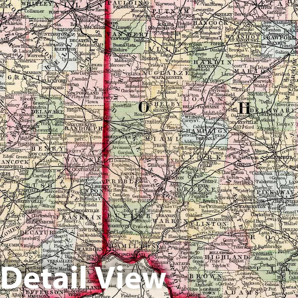 Historic Map : 1874 County Map of Ohio and Indiana : Vintage Wall Art