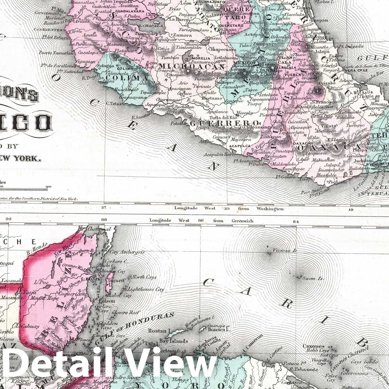 Mexico and Central America - Physical Map, 1870 - Johnson's Atlas