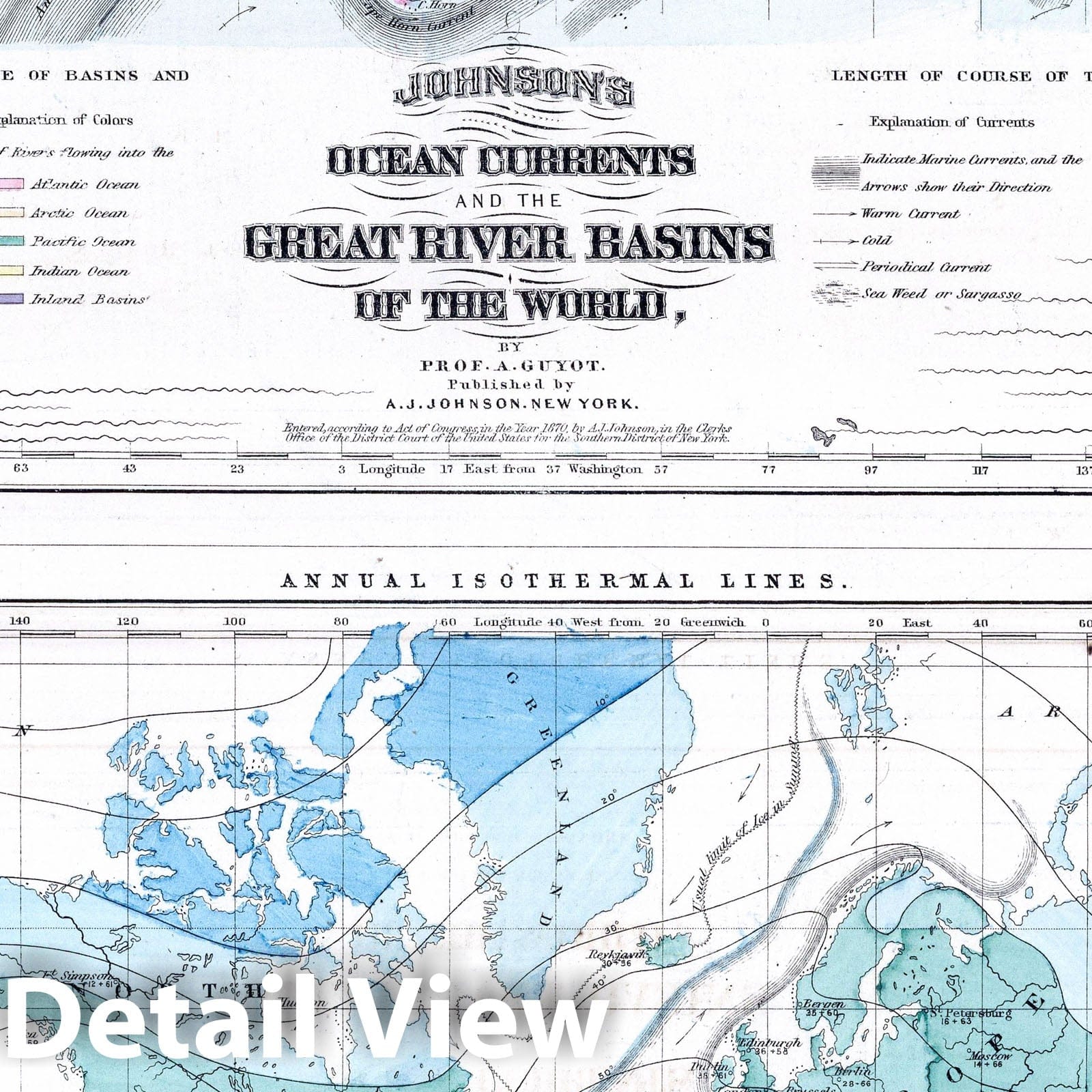 Ocean Currents, Great River Basins, and World Temperature, 1870 - Historical Map Print