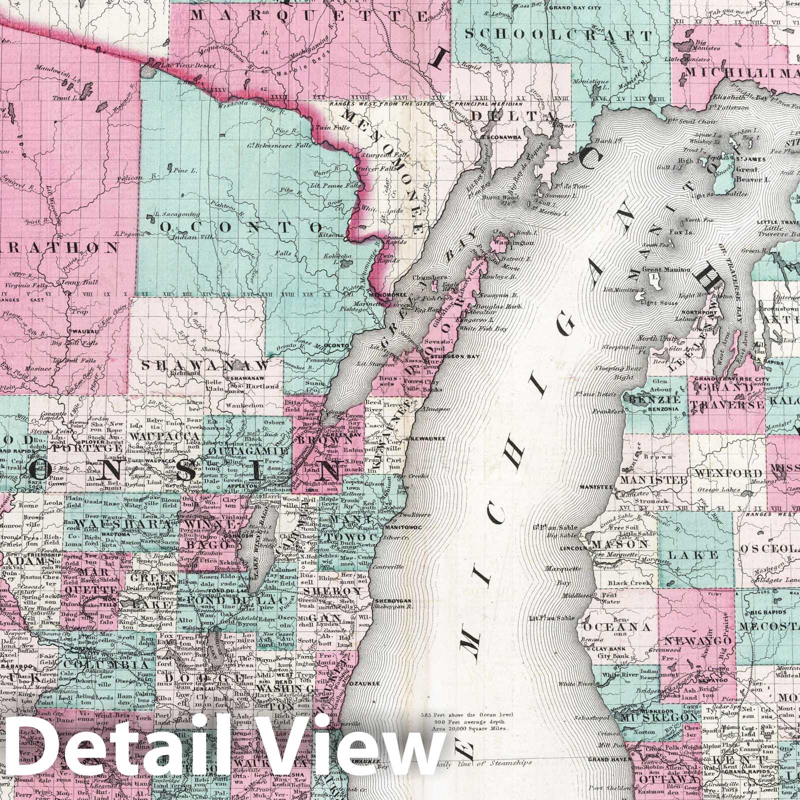 Wisconsin and Michigan - Physical Map, 1870 - Historical Map Print