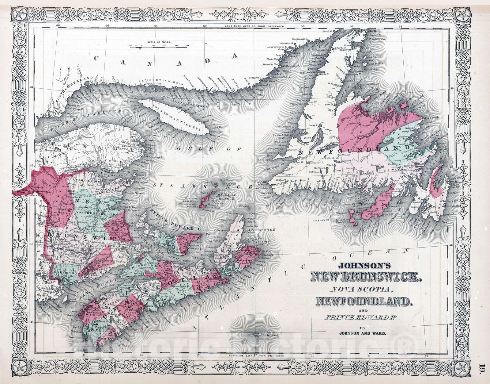 Historic Map : 1864 New Brunswick, Nova Scotia, Newfoundland. and Prince Edward Island - Vintage Wall Art