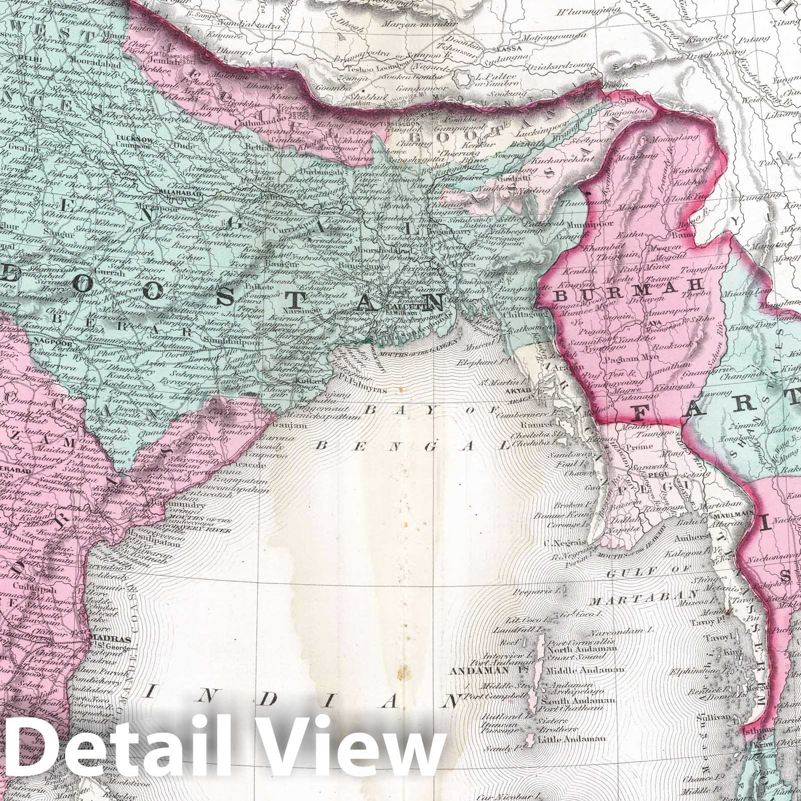 India, Bangladesh, Myanmar, and Vietnam - Physical Map, 1870 - Historical Map Print