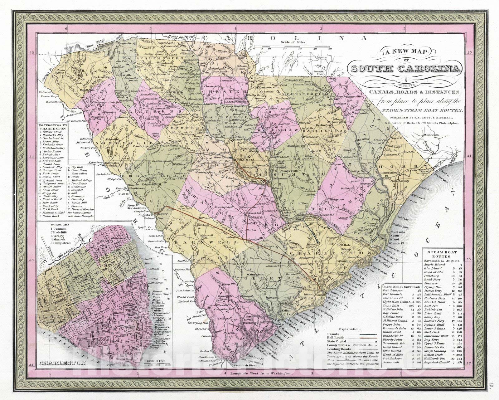 Historic Wall Map : 1849 New Map of South Carolina with its Canals, Roads & Distances - Vintage Wall Art