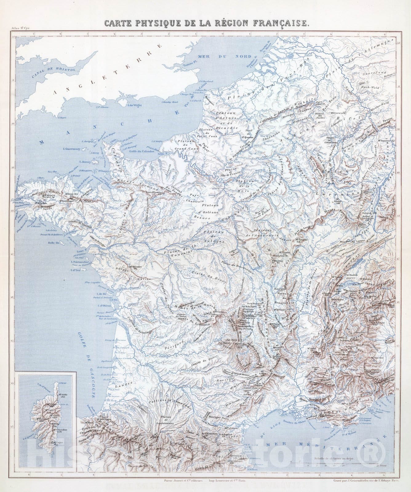 Historic Map : France, 1882 Carte Physique de la Region Francaise. , Vintage Wall Art