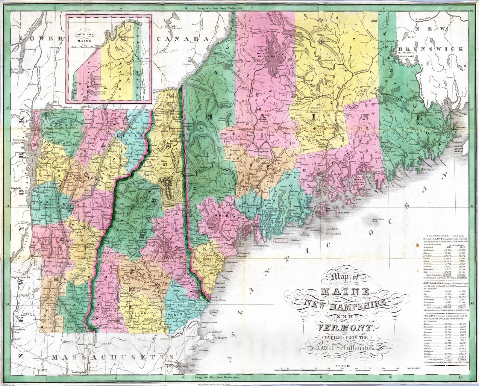 Historic Map : National Atlas - 1827 Maine, New Hampshire, Vermont. - Vintage Wall Art
