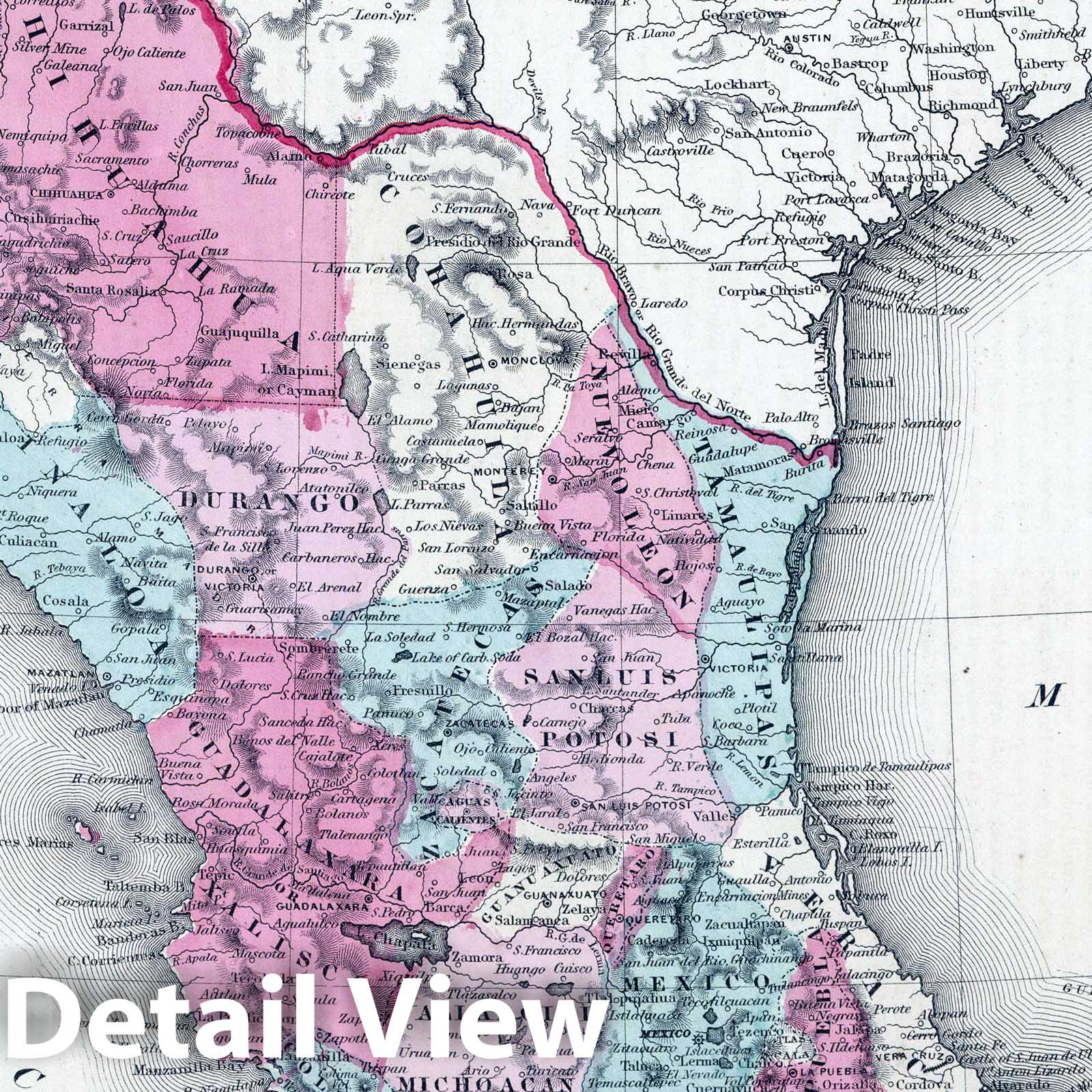 Mexico - Physical Map, 1864 - Johnson's Family Atlas Historical Map Print