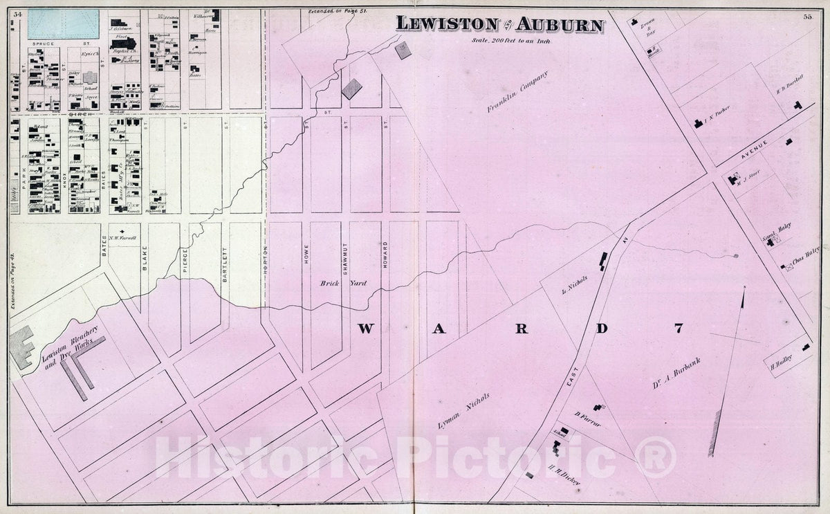 Historic Map : 1873 Lewiston and Auburn, Androscoggin County, Maine. v6 - Vintage Wall Art