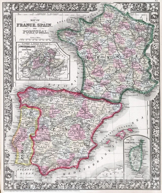 Historic Map : 1865 Map of France, Spain, and Portugal - Vintage Wall Art