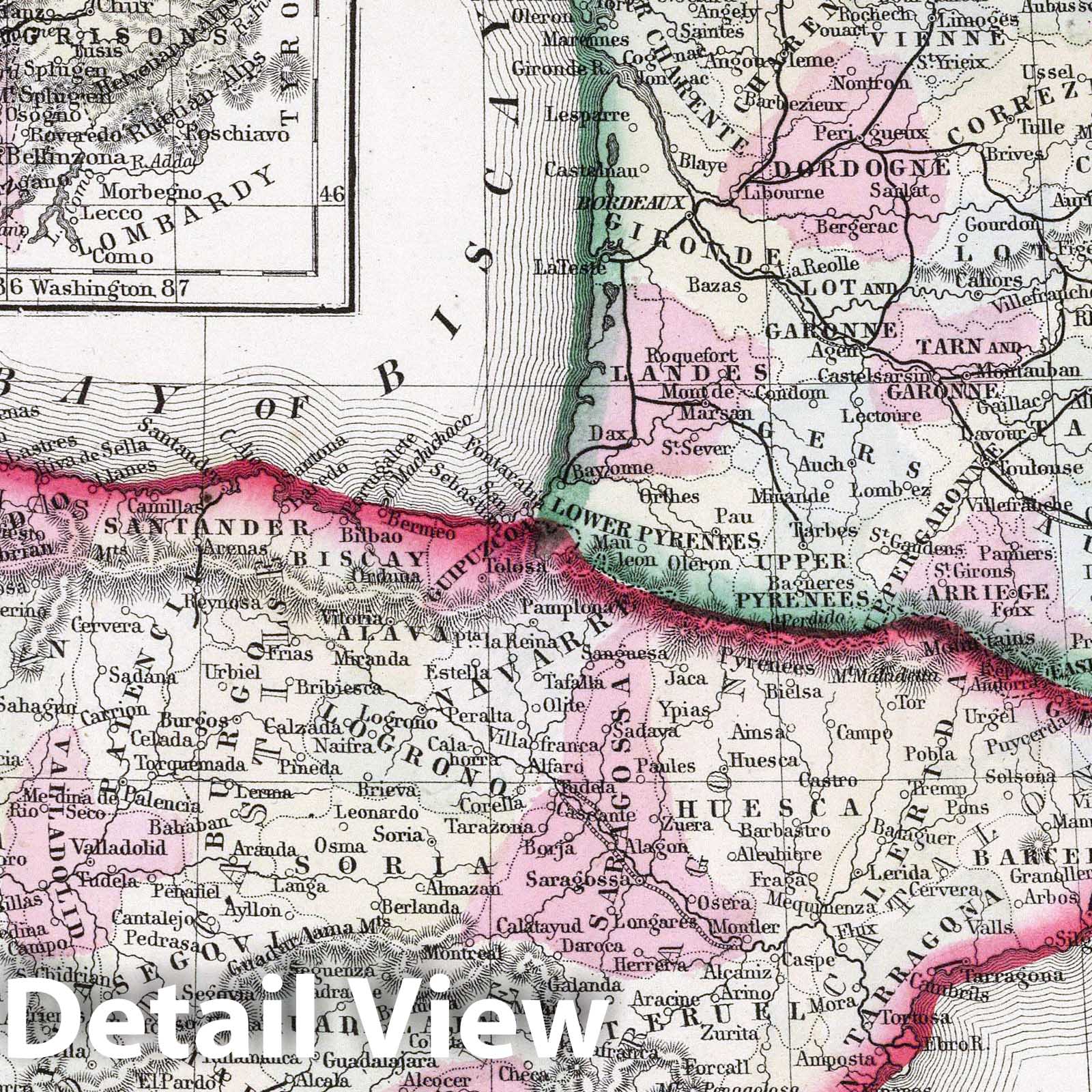 France, Spain, and Portugal, 1865 - Historical Map Print