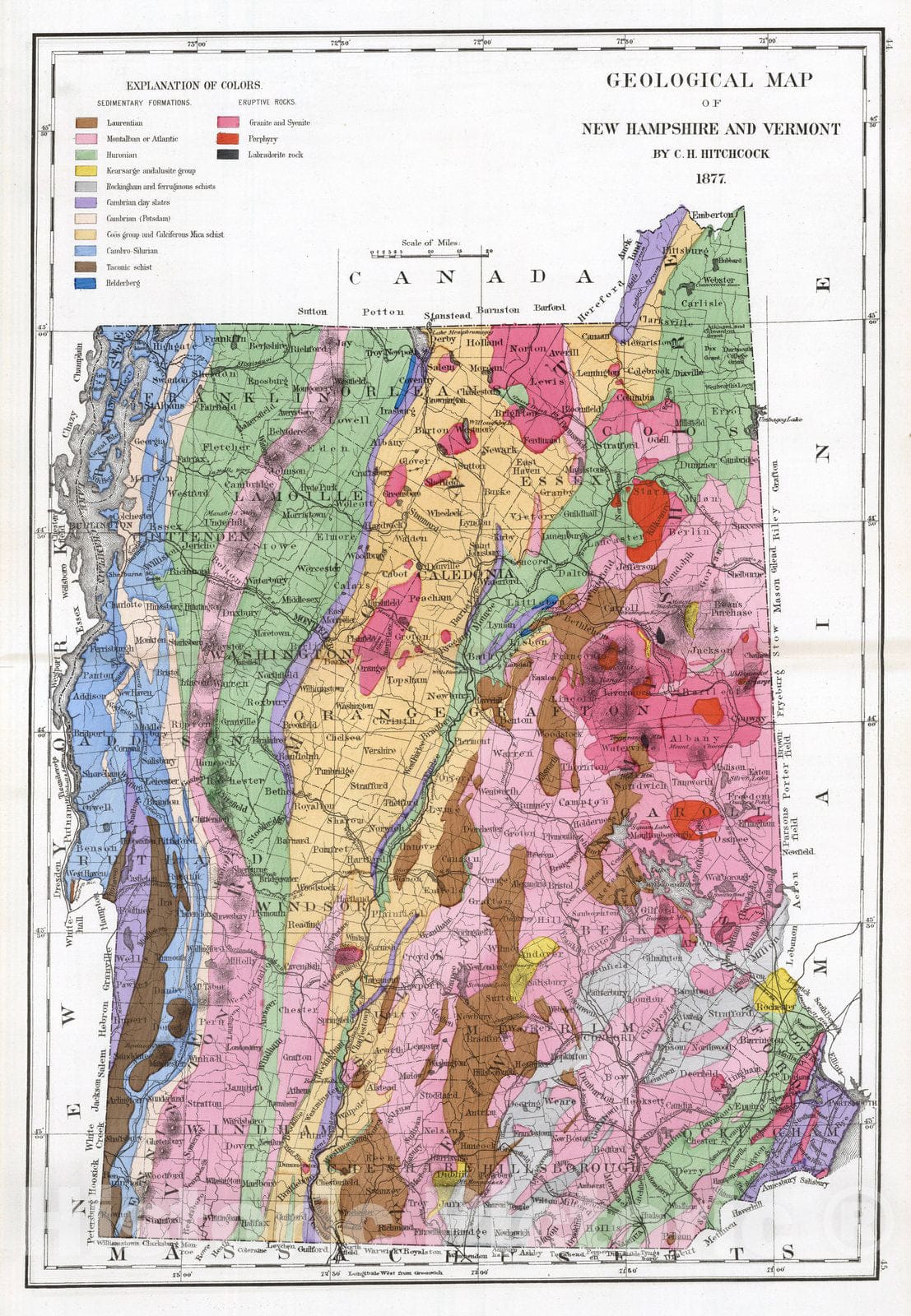 Historic Map : Text Page: Geological Map of New Hampshire and Vermont, By C.H. Hitchcock, 1877. - Vintage Wall Art