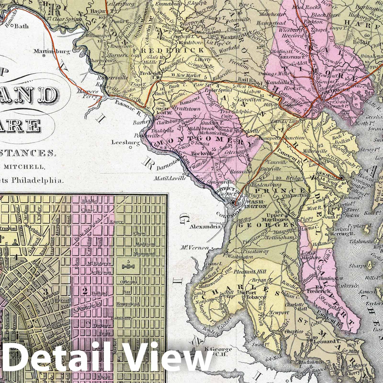 Historic Map : 1849 New Map of Maryland and Delaware with their Canals, Roads & Distances - Vintage Wall Art