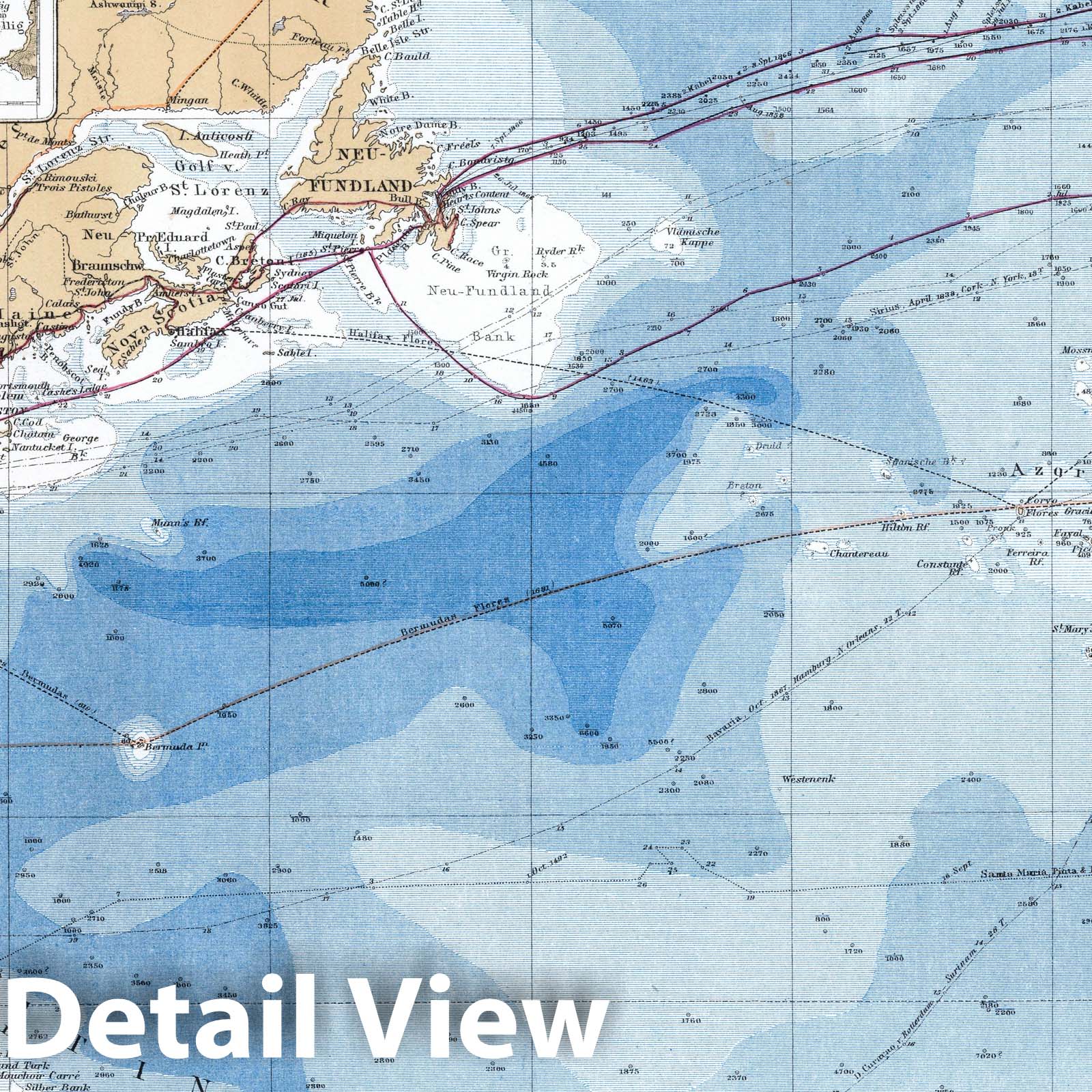 North Atlantic Ocean - Route Map, 1872 - Stieler's Hand Atlas Nautical Print