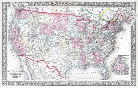 Historic Map : 1865 Map of the United States, and Territories. together with Canada &c. - Vintage Wall Art