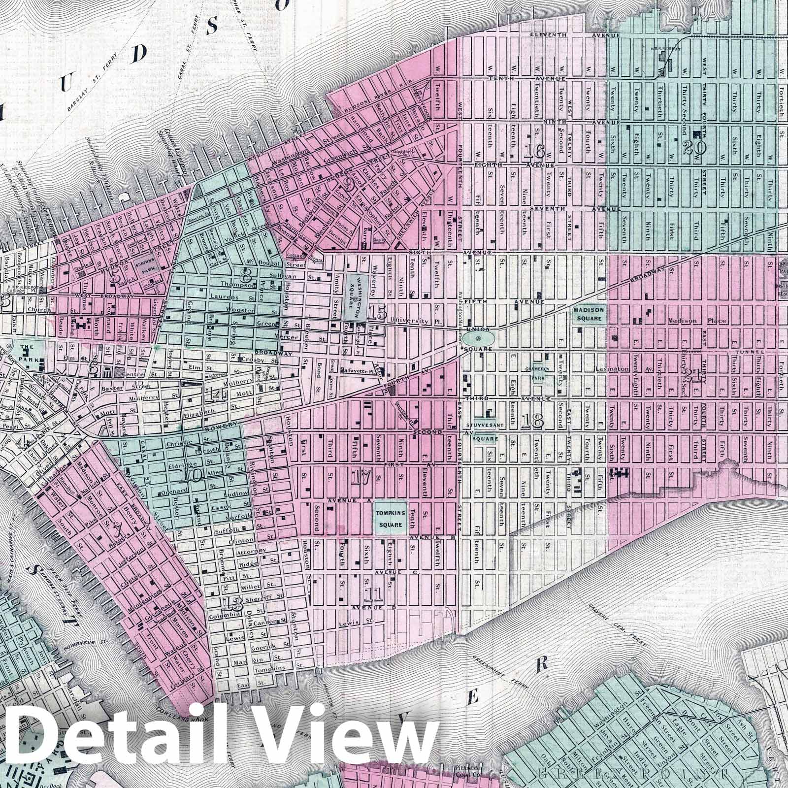 New York City and Adjacent Cities - Physical Map, 1864 - Historical Map Print