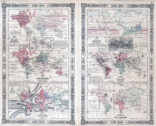 Historic Map : 1864 The World Showing, The Animal Kingdom, Commerce And Navigation. - Vintage Wall Art
