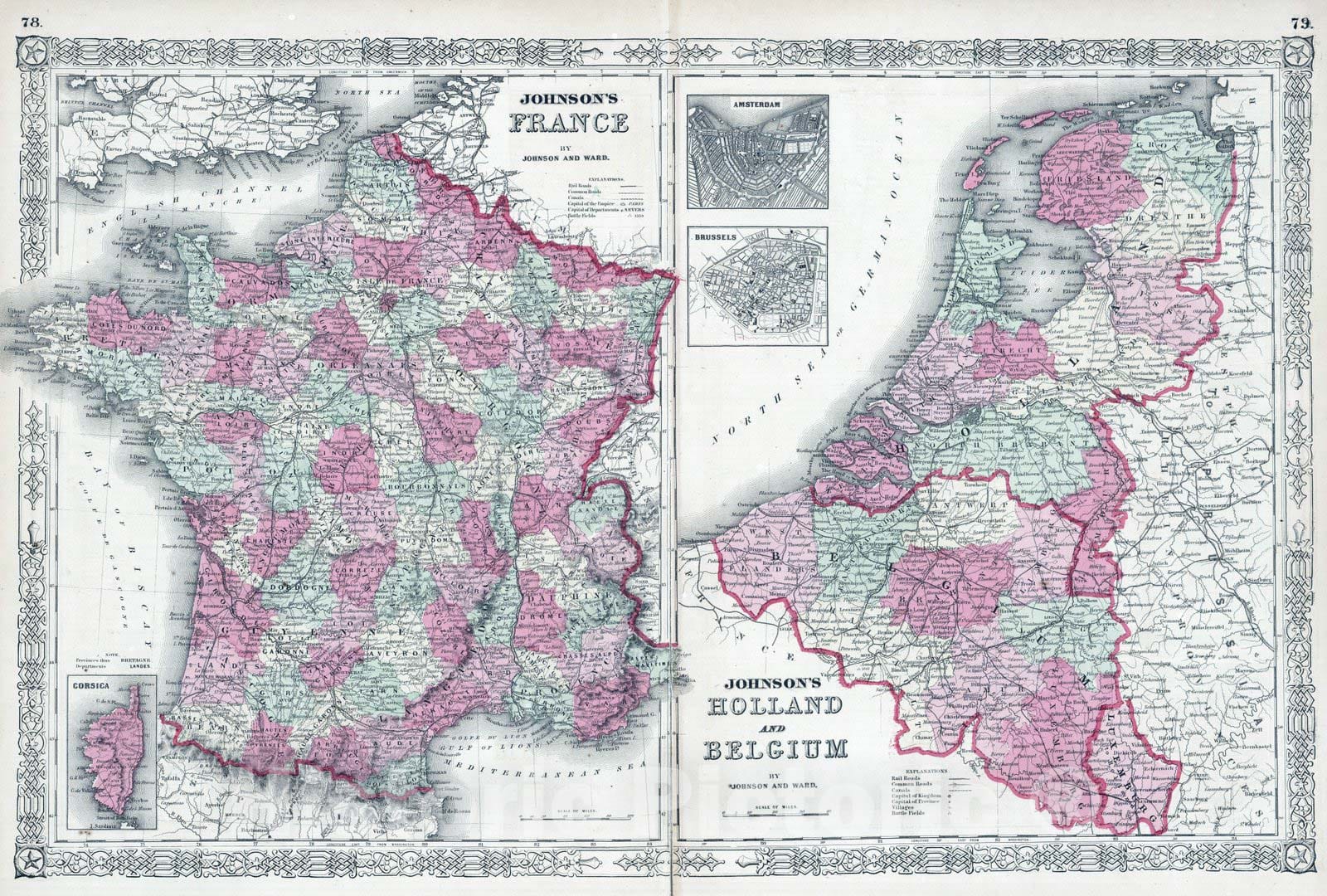 Historic Map : 1864 France, Holland and Belgium - Vintage Wall Art