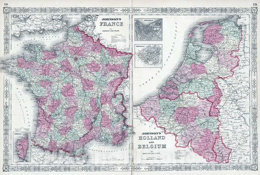 Historic Map : 1864 France, Holland and Belgium - Vintage Wall Art