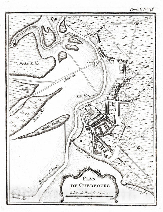 Historic Map : France , Cherbourg France, 1764 Plan de Cherbourg. , Vintage Wall Art