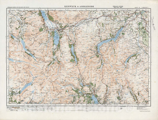 Historic Map : National Atlas - 1921 Sheet 12. Keswick & Ambleside. - Vintage Wall Art
