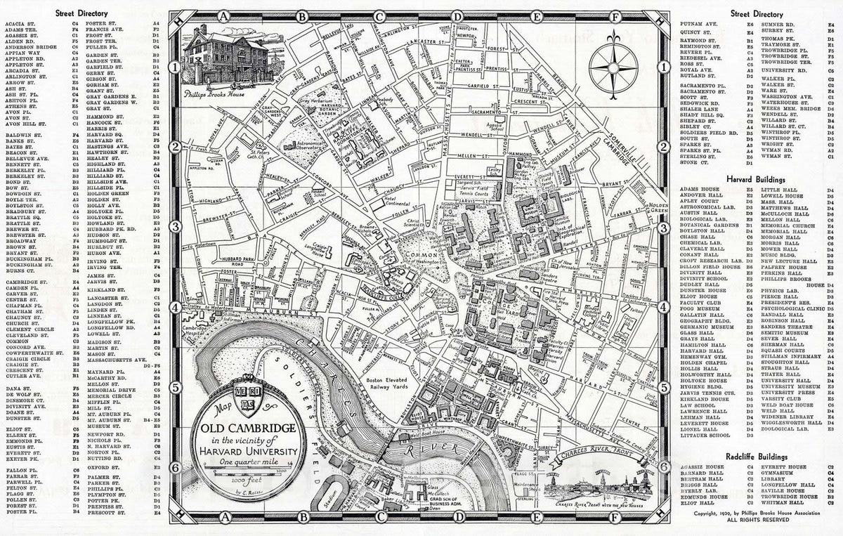 Historic Map : 1939 Map of old Cambridge, in the vicinity of Harvard University : by E. Raisz - Vintage Wall Art