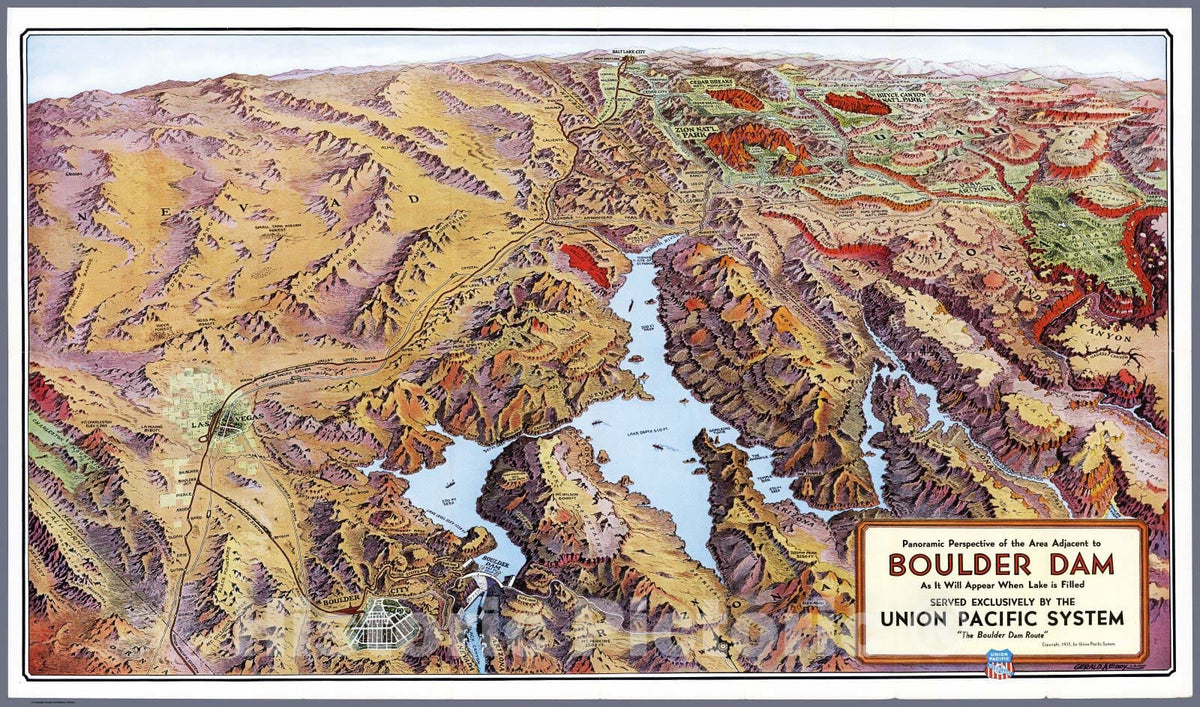 Historic Map : 1935 Panoramic perspective of the area adjacent to Boulder Dam - Vintage Wall Art