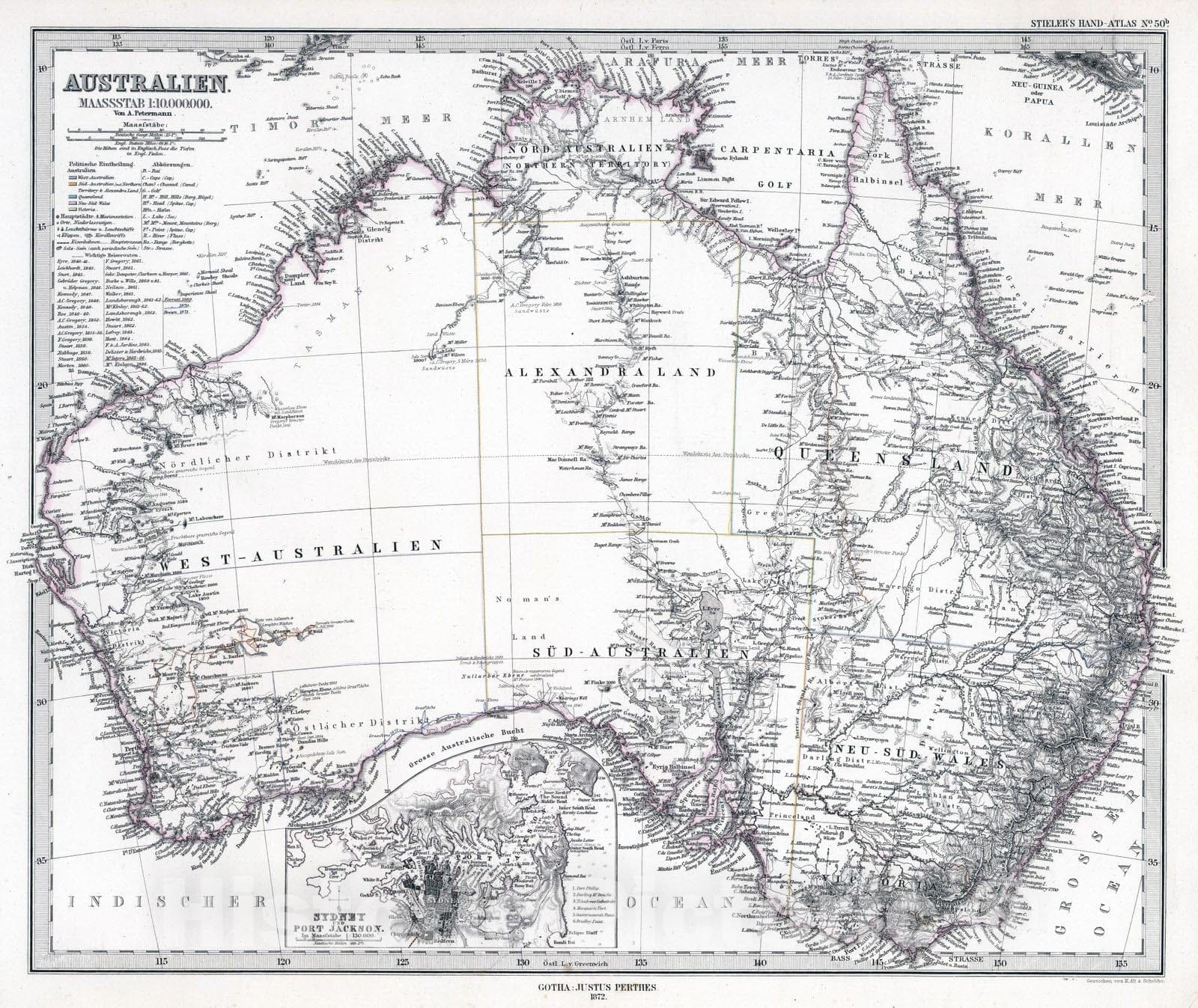 Historic Map : Australia, 1872 Australien. (Australia). , Vintage Wall Art