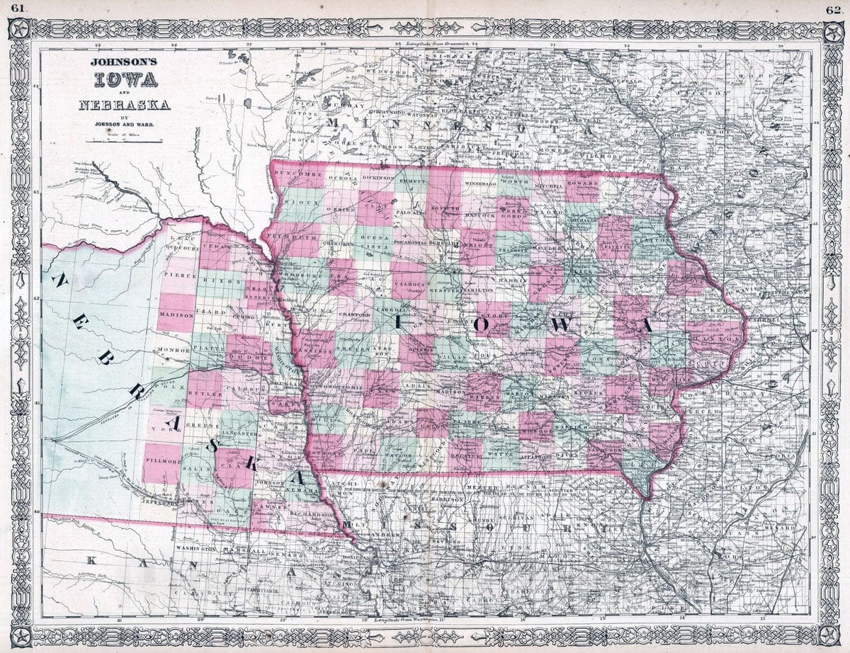 Historic Map : 1864 Iowa And Nebraska - Vintage Wall Art