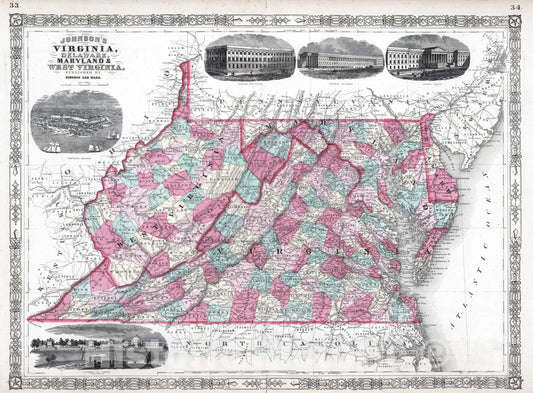 Historic Map : 1864 Virginia, Delaware, Maryland, and West Virginia. - Vintage Wall Art