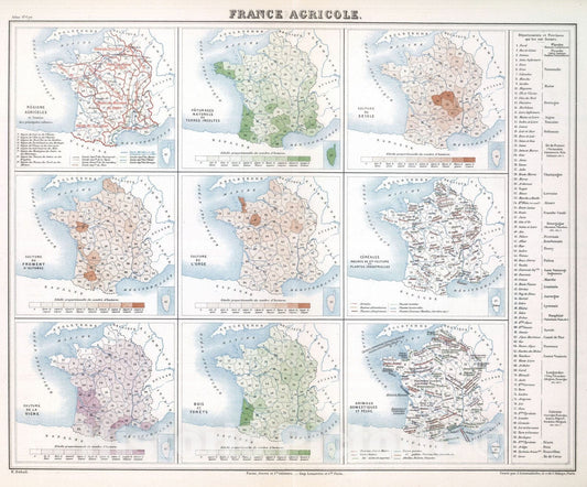 Historic Map : France, 1882 France Agricole. , Vintage Wall Art