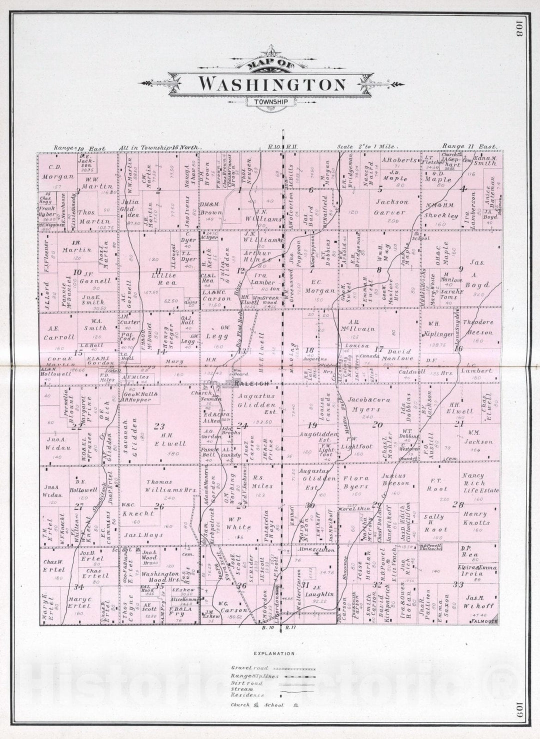 Historic Map : 1908 Washington Township, Rush County, Indiana. - Vintage Wall Art