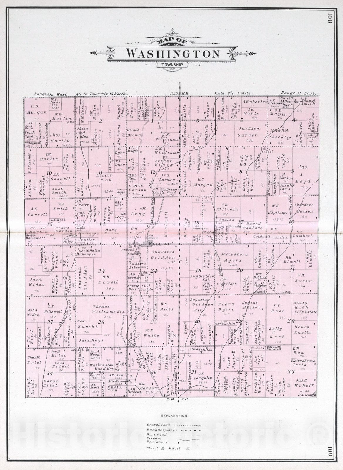 Historic Map : 1908 Washington Township, Rush County, Indiana. - Vintage Wall Art