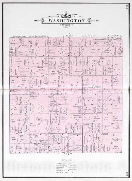Historic Map : 1908 Washington Township, Rush County, Indiana. - Vintage Wall Art