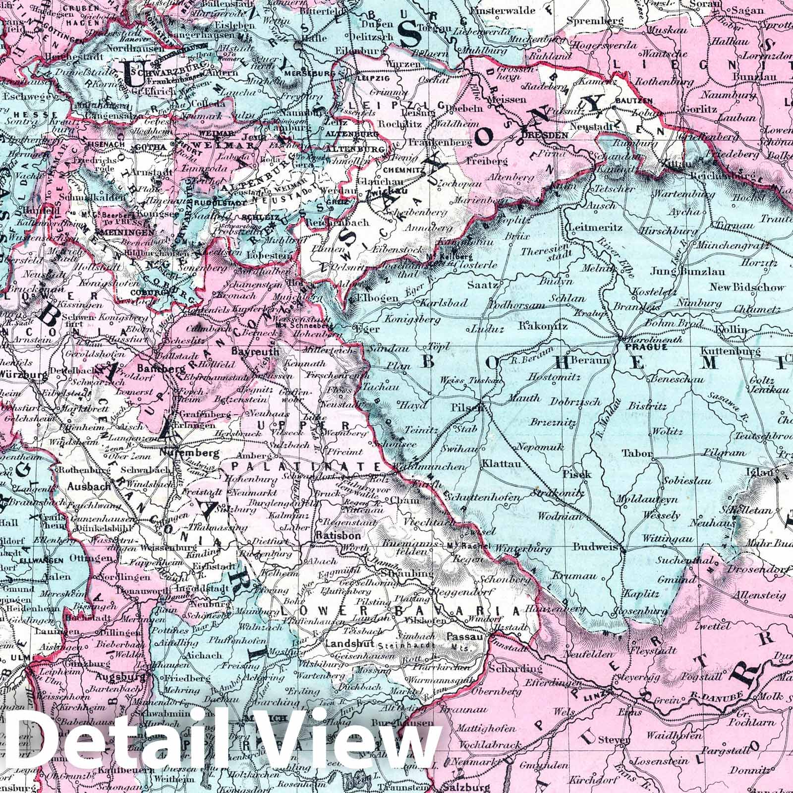Germany - Physical Map, 1865 - Johnson's Family Atlas Historical Map Print