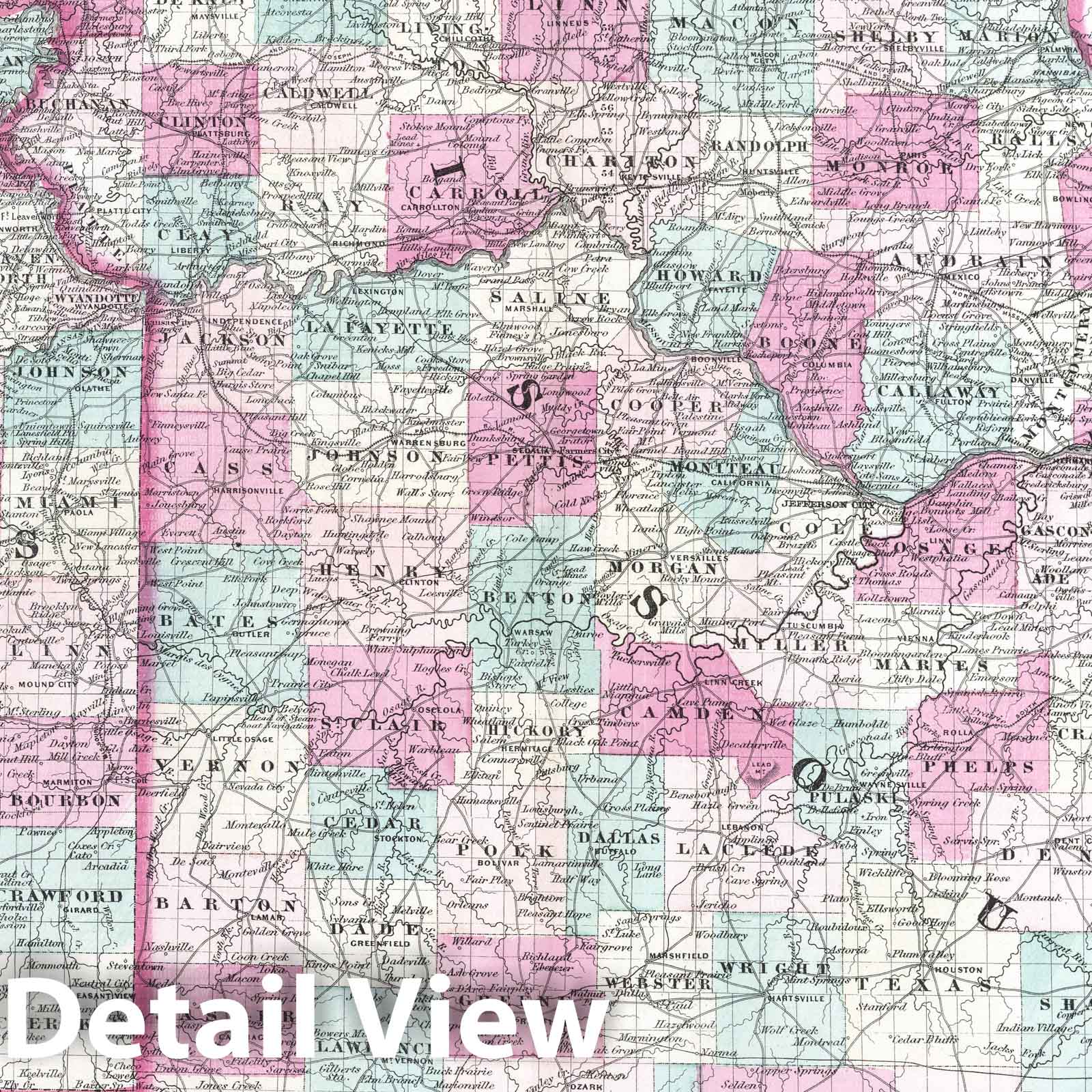 Missouri and Kansas - Physical Map, 1870 - Johnson's Family Atlas