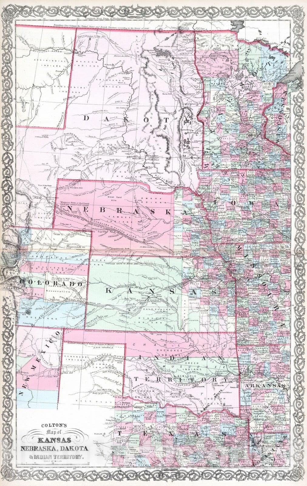Historic Map : 1865 Kansas, and Nebraska and Indian Territories. - Vintage Wall Art