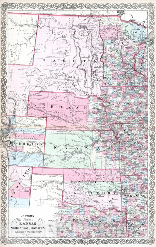 Historic Map : 1865 Kansas, and Nebraska and Indian Territories. - Vintage Wall Art
