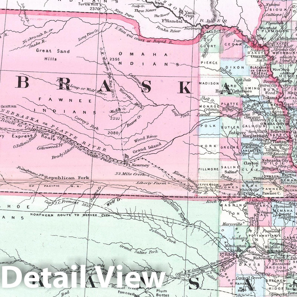Historic Map : 1865 Kansas, and Nebraska and Indian Territories. - Vintage Wall Art