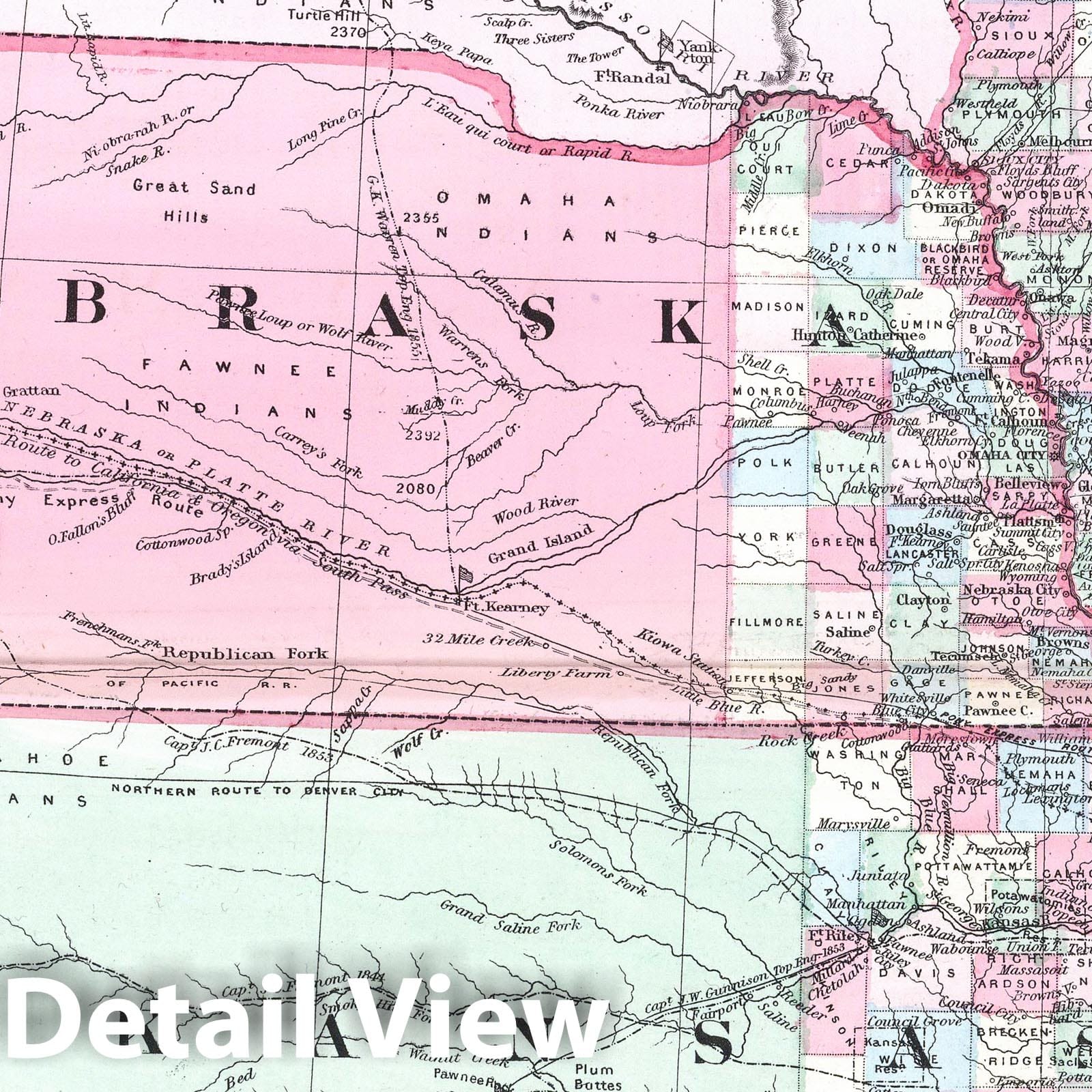 Kansas, Nebraska, Dakota & Indian Territory - Boundary Map, 1865