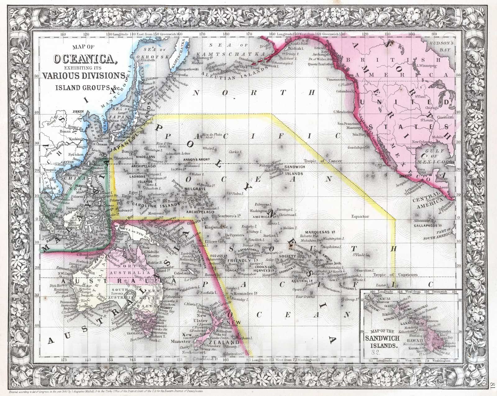 Historic Map : 1865 Map of Oceanica, exhibiting its Various Divisions, Island Groups &c. - Vintage Wall Art