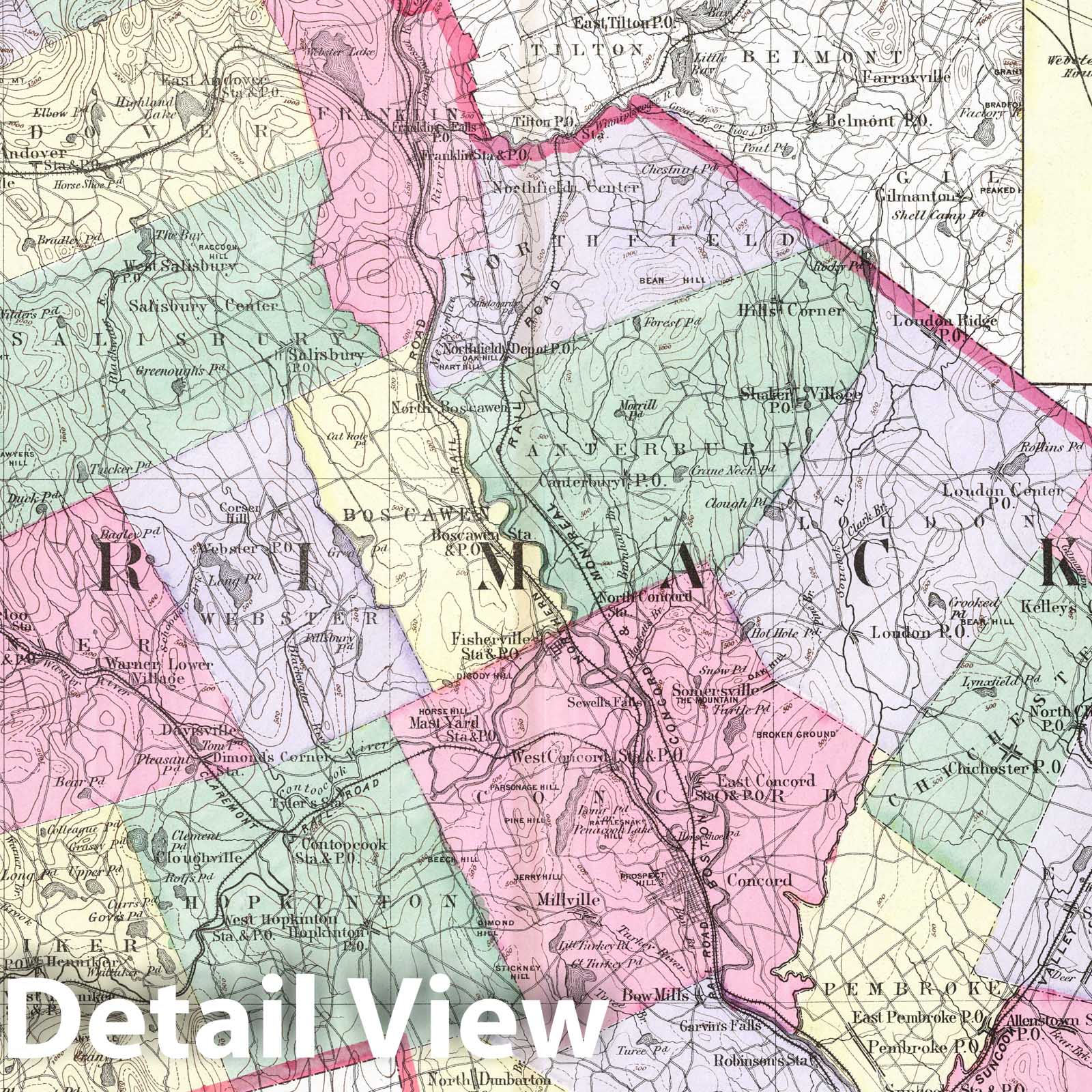 Merrimack County, New Hampshire - Railroad Map, 1877 - Historical Map Print