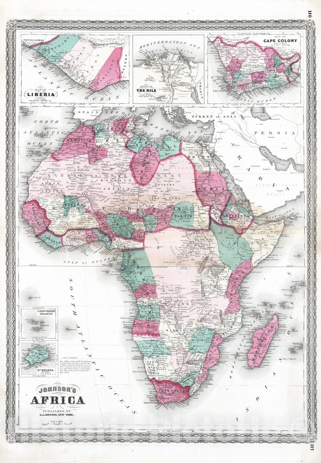 Africa with Insets Liberia, Nile Delta, Cape Colony, Cape Verde Islands, Saint Helena - 1870 Historical Map Print