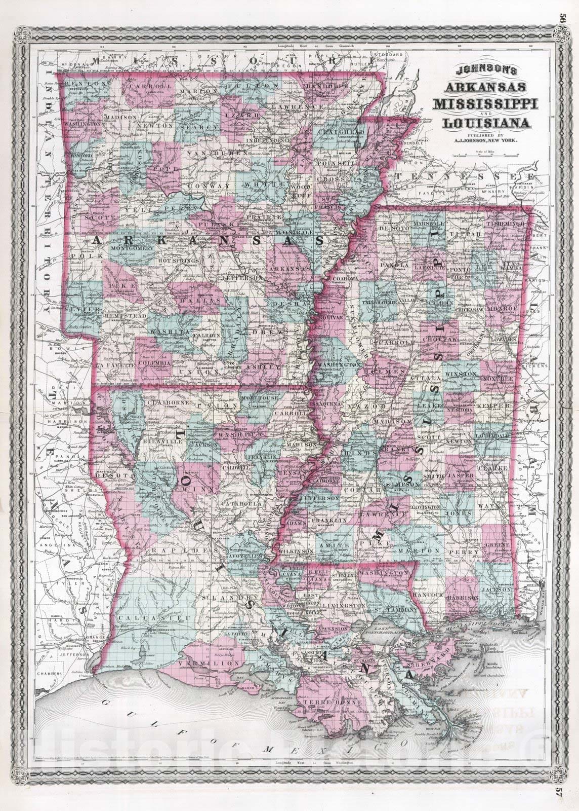 Historic Map : 1870 Arkansas, Mississippi, and Louisiana. - Vintage Wall Art