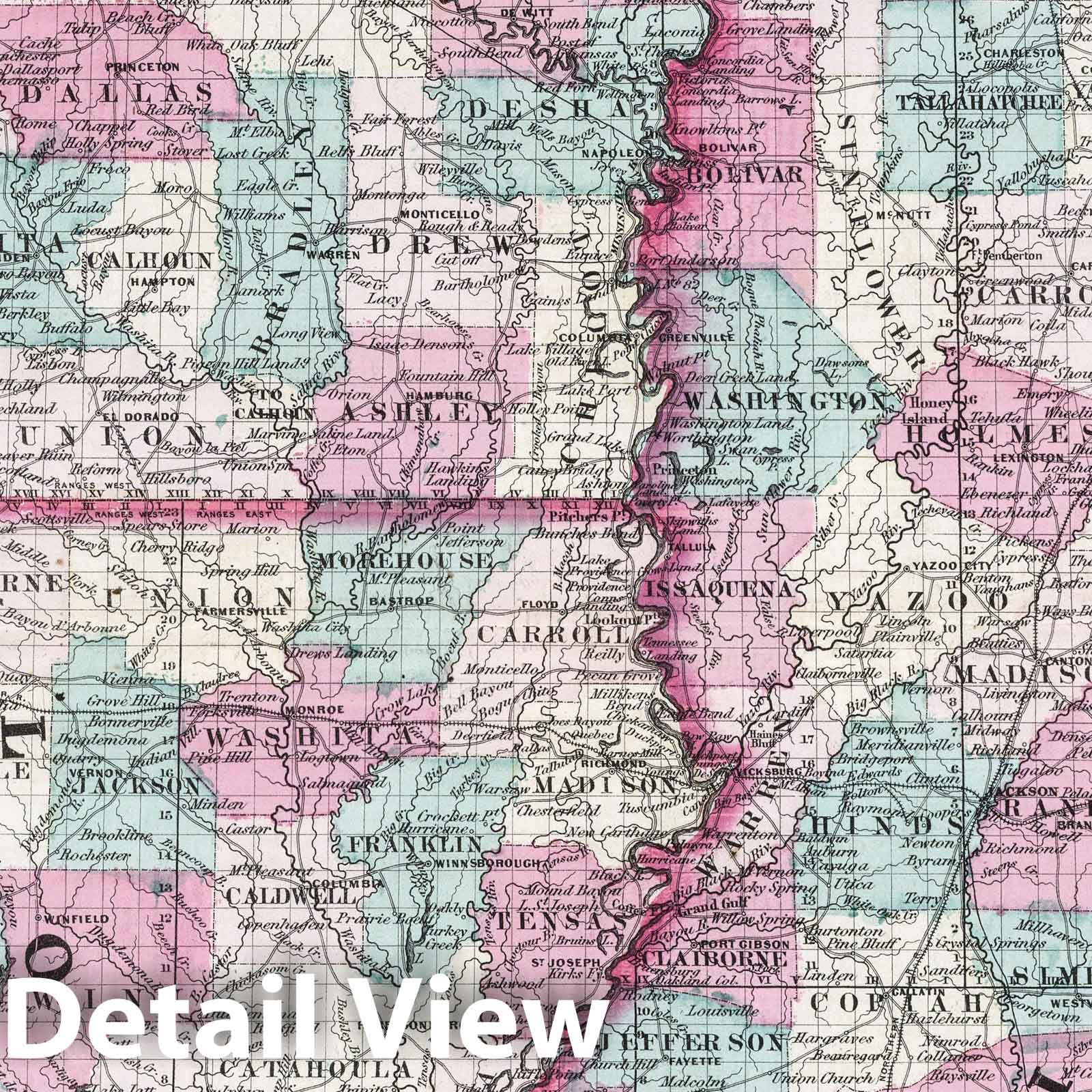 Arkansas, Mississippi, and Louisiana - Physical Map, 1870 - Historical Map Print