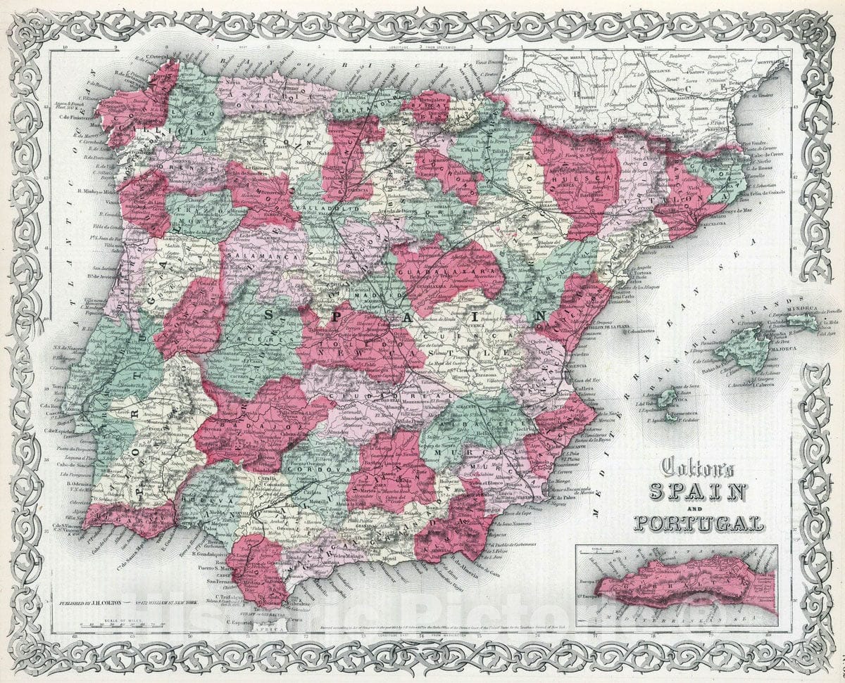Historic Map : 1865 Spain and Portugal. v1 - Vintage Wall Art