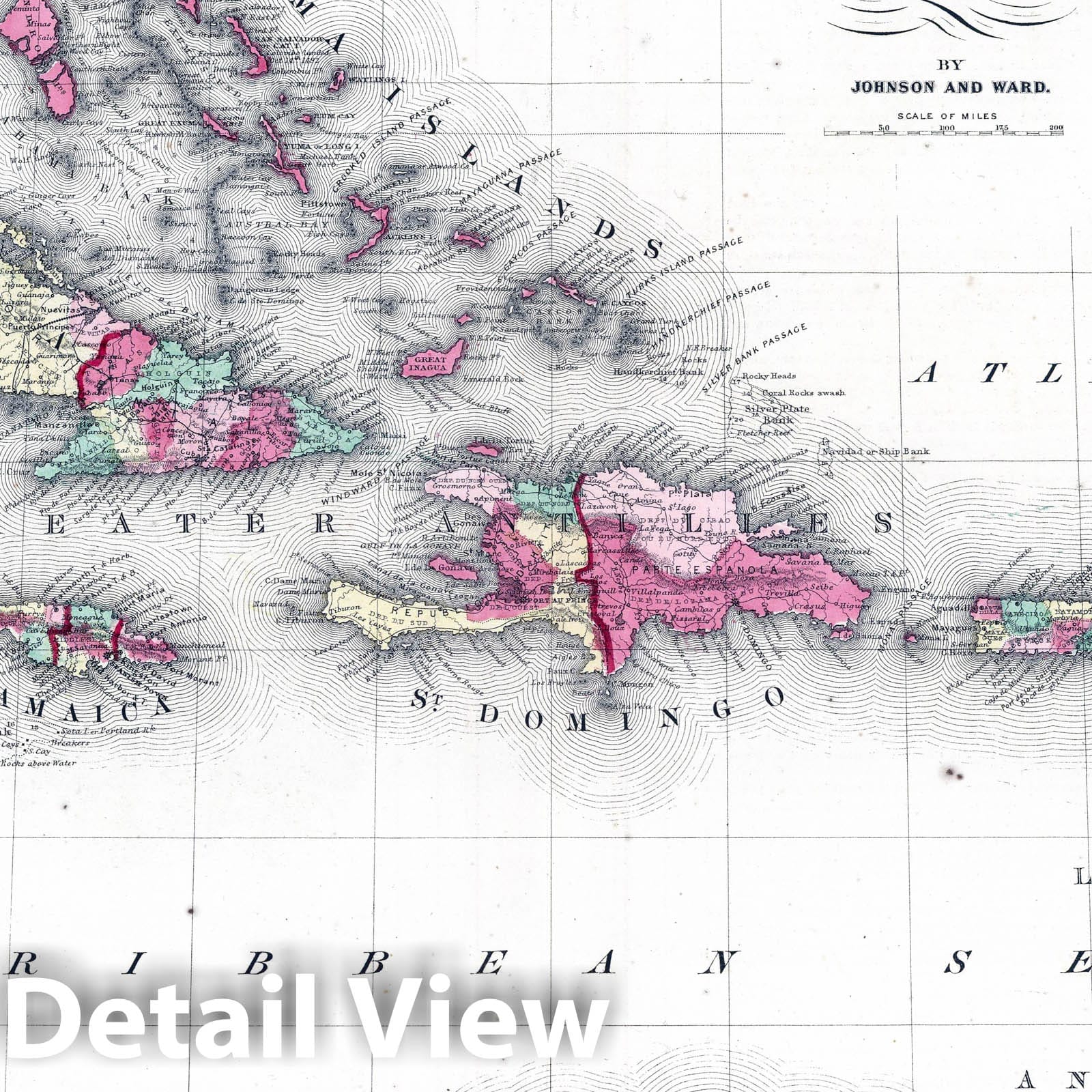 West Indies with Bermuda Islands - Physical Map, 1865 - Historical Map Print