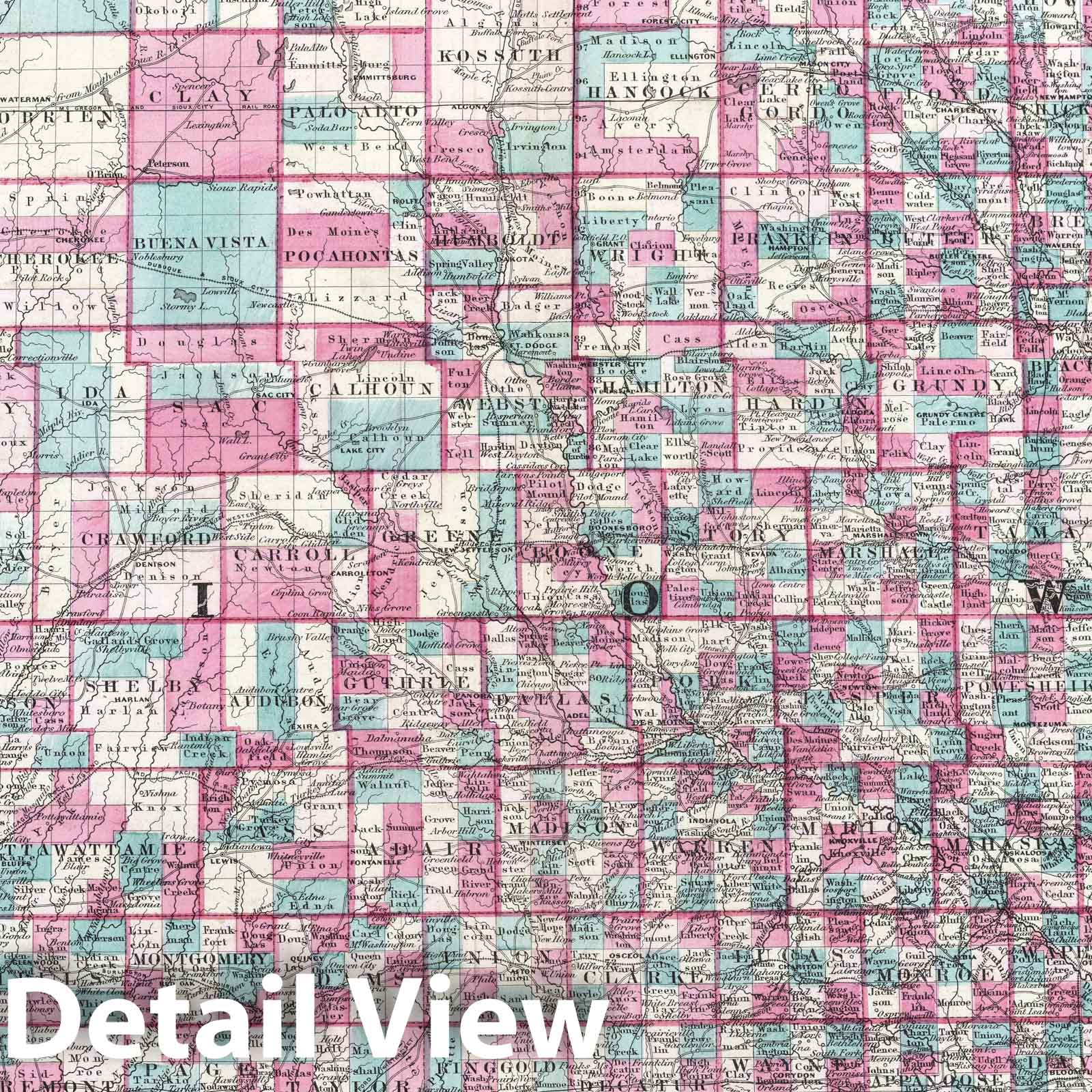 Iowa and Nebraska - Physical Map, 1870 - Historical Map Print